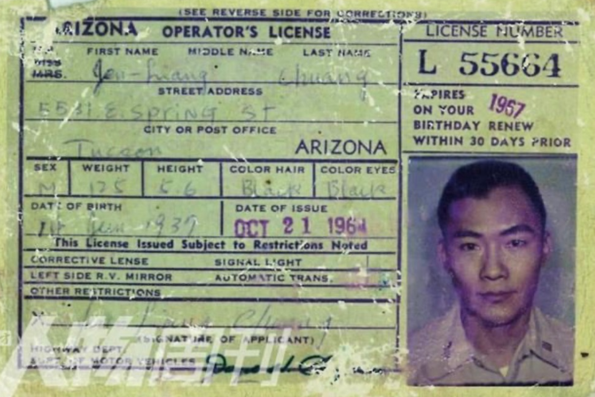 Arizona operator's license No. L 55664 issued to Jen-liang Chuang (莊人亮), Tucson, 21 October 1964